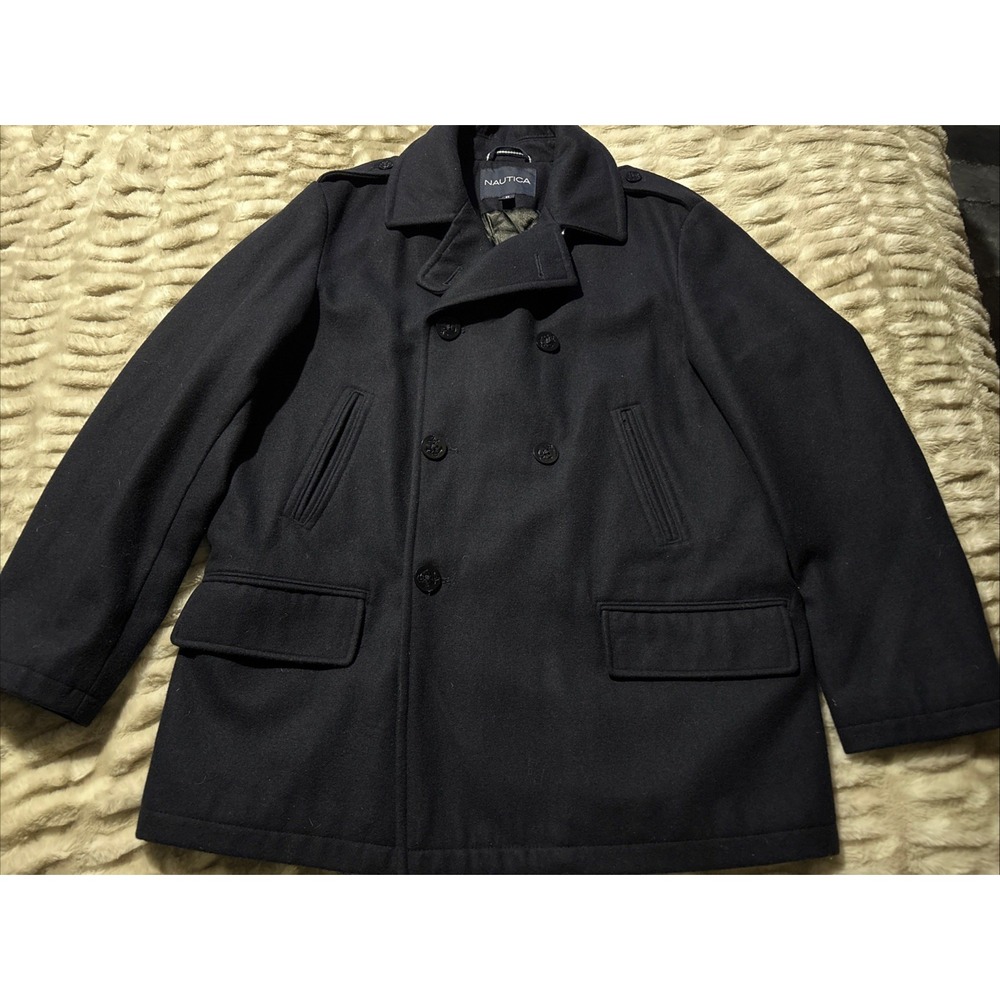 Nautica Pea Coat Jacket Mens XL Navy Double Breasted Wool Blend Quilted Lined